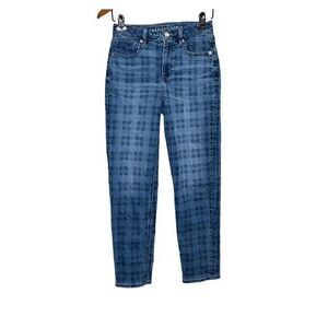 American Eagle Womens Blue Plaid Printed Stretch Mom Straight Jeans Size 0